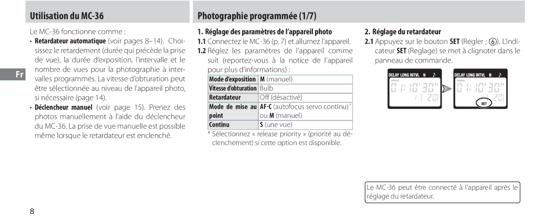 Nikon instruction manual Utilisation du MC-36, Photographie programmée 1/7, Le MC-36 fonctionne comme, Si nécessaire 