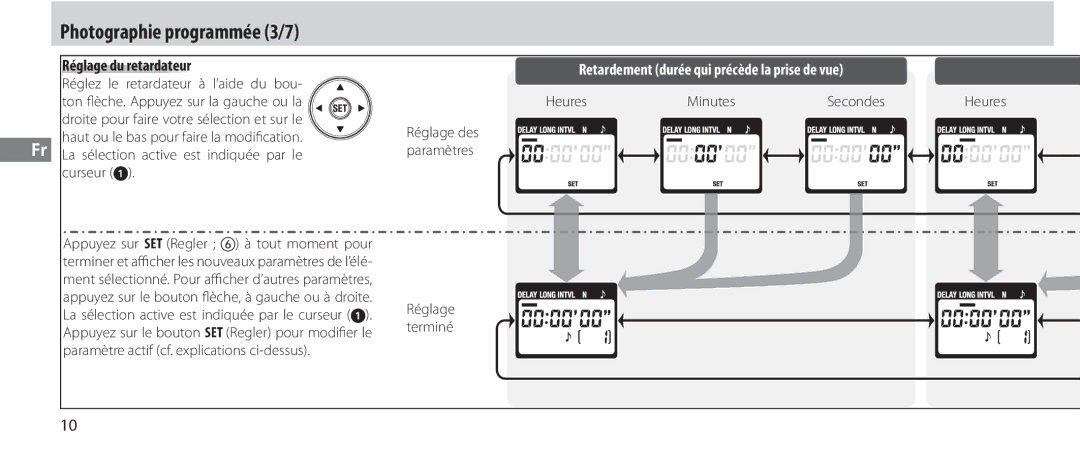 Nikon MC-36 Photographie programmée 3/7, Réglage du retardateur, Réglage Terminé, Heures Minutes Secondes 