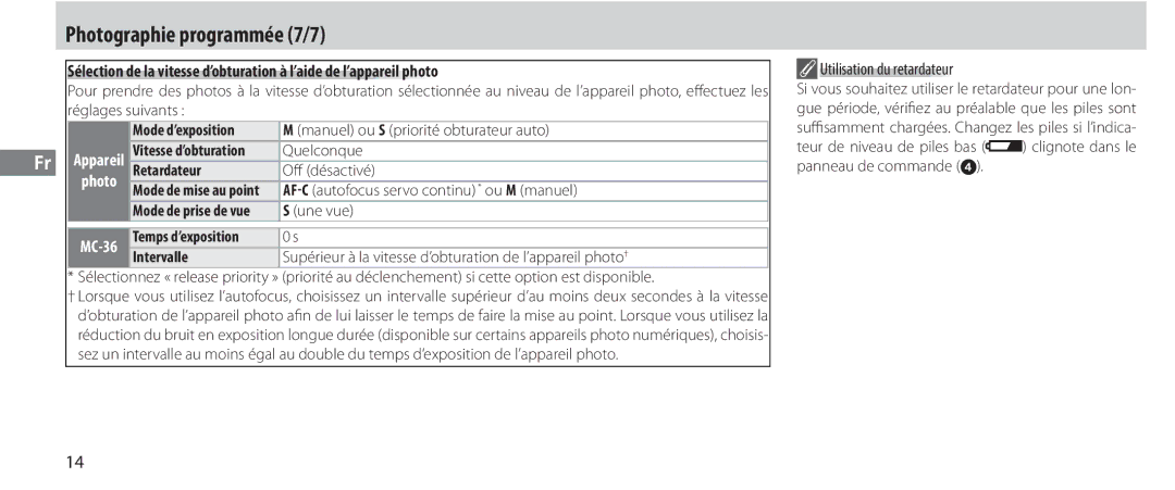 Nikon MC-36 instruction manual Photographie programmée 7/7, Utilisation du retardateur, Mode d’exposition, Intervalle 