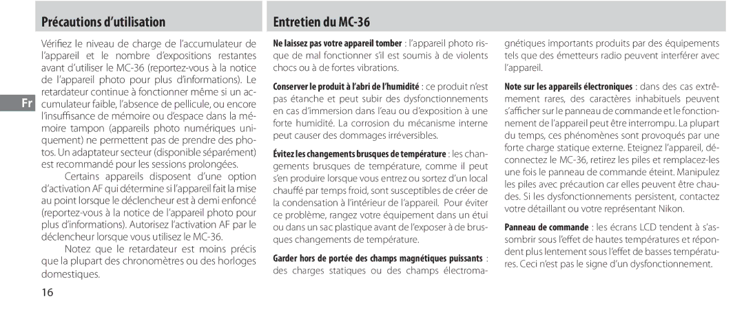 Nikon instruction manual Précautions d’utilisation, Entretien du MC-36 