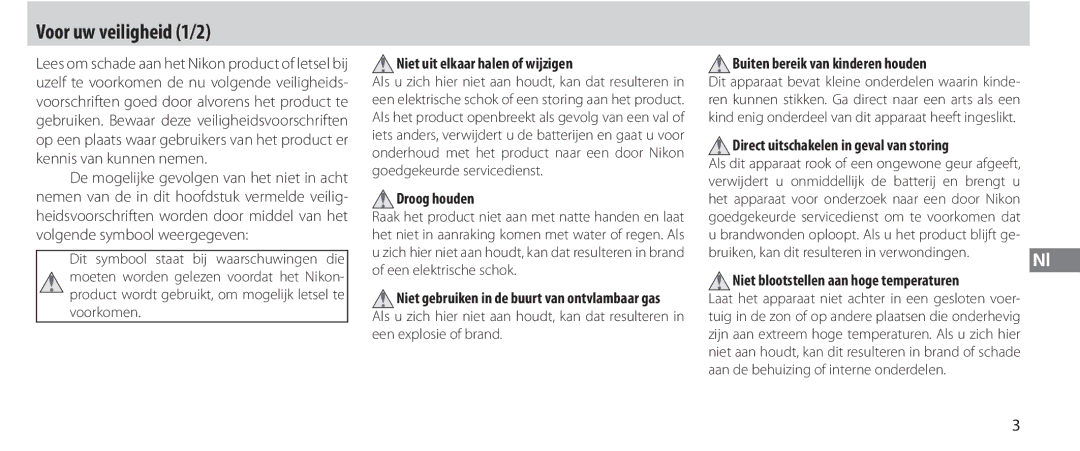 Nikon MC-36 Voor uw veiligheid 1/2, Niet uit elkaar halen of wijzigen, Droog houden, Buiten bereik van kinderen houden 