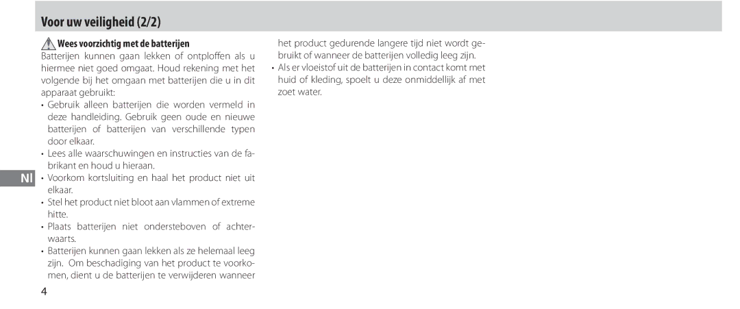 Nikon MC-36 instruction manual Voor uw veiligheid 2/2, Wees voorzichtig met de batterijen 