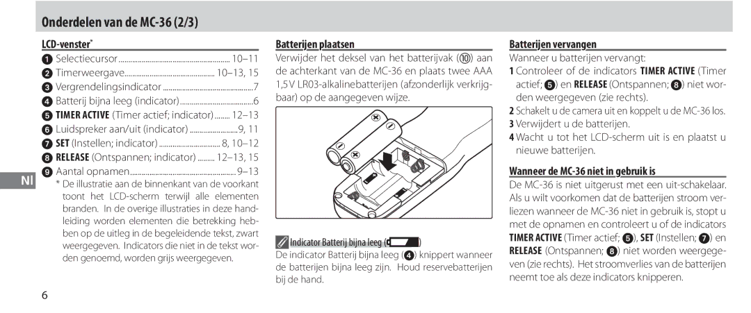 Nikon instruction manual LCD-venster, Batterijen plaatsen, Batterijen vervangen, Wanneer de MC-36 niet in gebruik is 