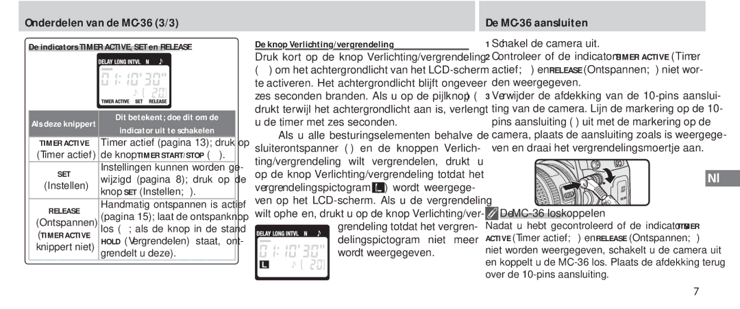 Nikon Onderdelen van de MC-36 3/3, De MC-36 aansluiten, De knop Verlichting/vergrendeling, Schakel de camera uit 