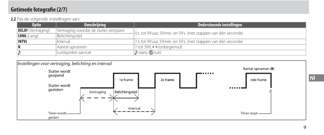 Nikon MC-36 instruction manual Getimede fotografie 2/7, Pas de volgende instellingen aan 