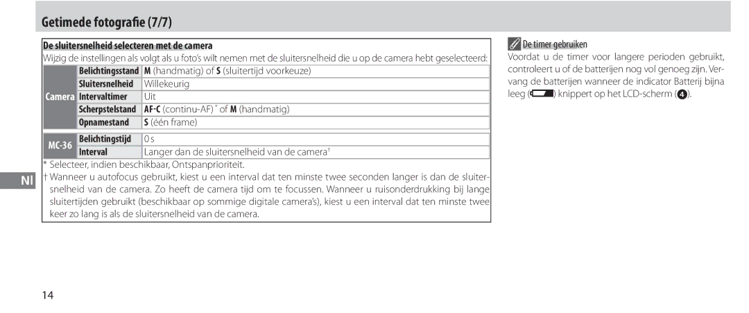 Nikon MC-36 Getimede fotografie 7/7, De sluitersnelheid selecteren met de camera, De timer gebruiken, Interval 