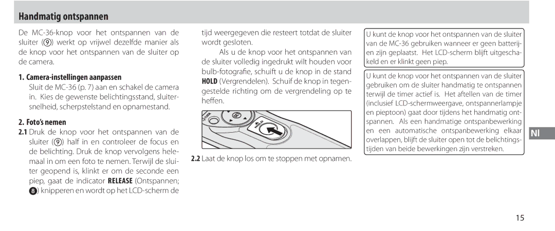 Nikon MC-36 instruction manual Handmatig ontspannen, Foto’s nemen 