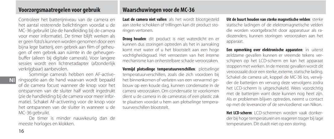 Nikon instruction manual Waarschuwingen voor de MC-36, Voorzorgsmaatregelen voor gebruik 