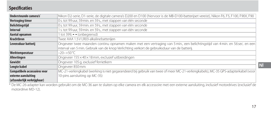 Nikon MC-36 instruction manual Specificaties 