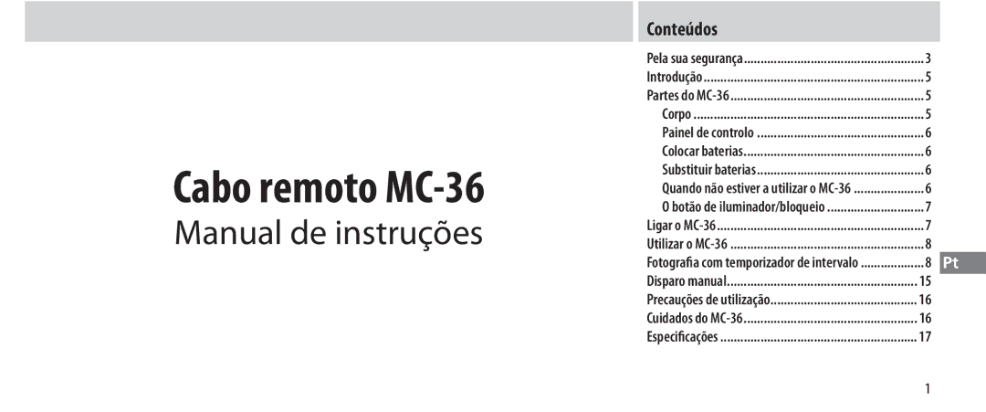 Nikon instruction manual Cabo remoto MC-36, Conteúdos 