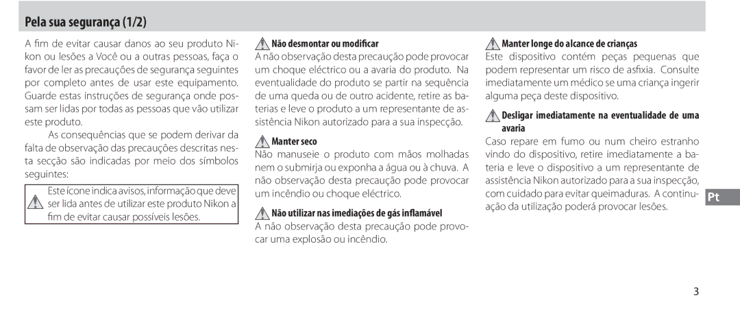 Nikon MC-36 Pela sua segurança 1/2, Não desmontar ou modificar, Manter seco, Manter longe do alcance de crianças 