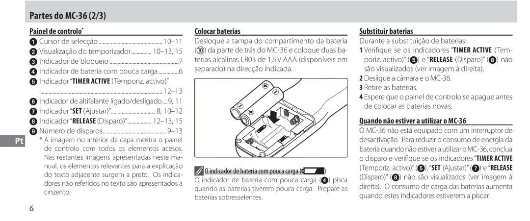 Nikon instruction manual Partes do MC-36 2/3, Painel de controlo, Colocar baterias, Substituir baterias 