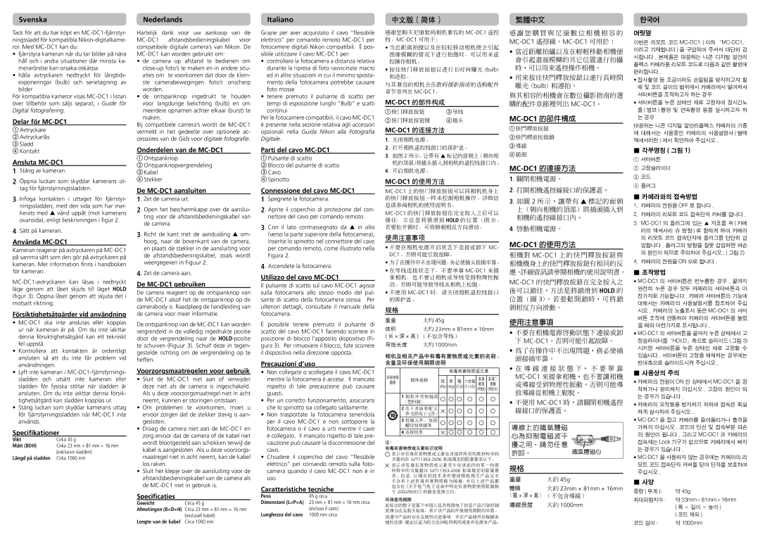 Nikon specifications Svenska, Nederlands, Italiano, MC-DC1 的部件構成, MC-DC1 的連接方法, MC-DC1 的使用方法 
