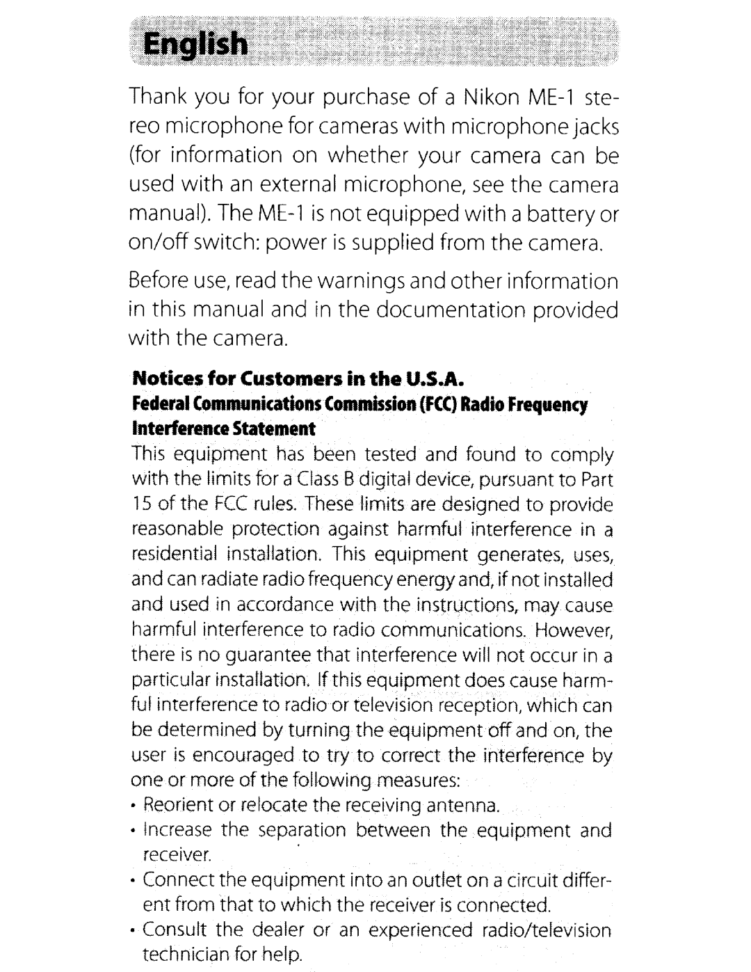 Nikon ME-1, 27045 user manual Frequency 