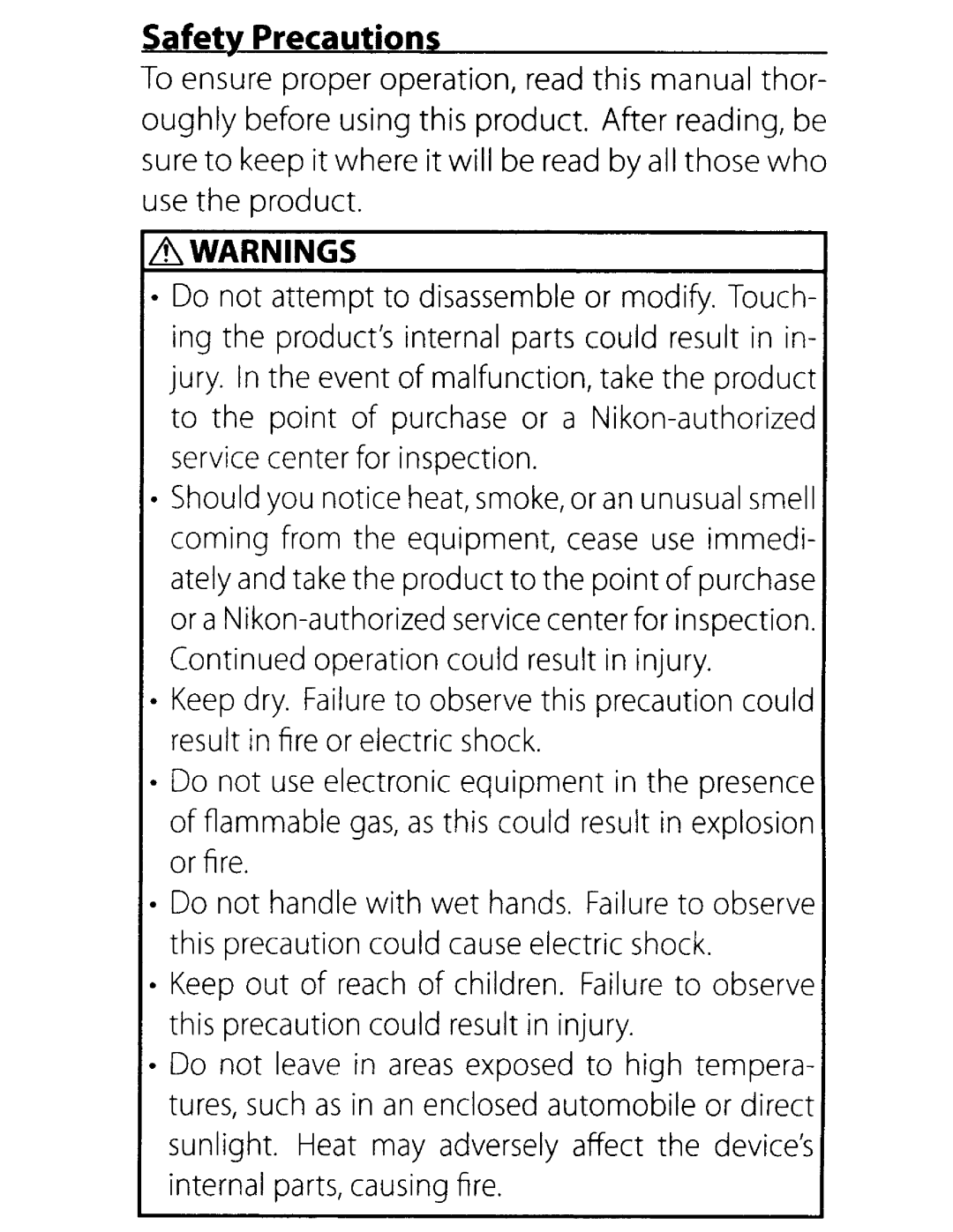 Nikon ME-1, 27045 user manual Precautions 