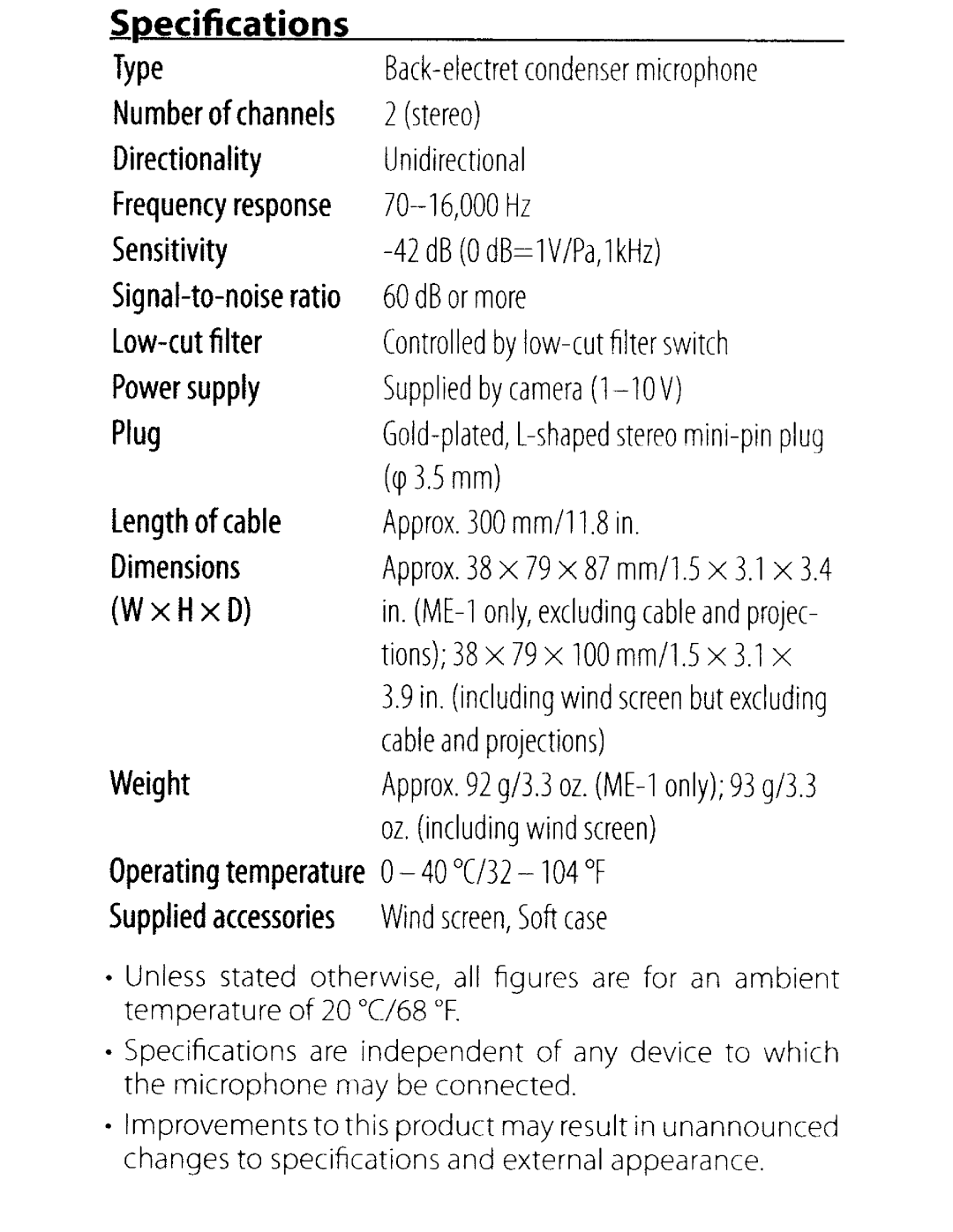 Nikon 27045, ME-1 user manual SP-ecifications 