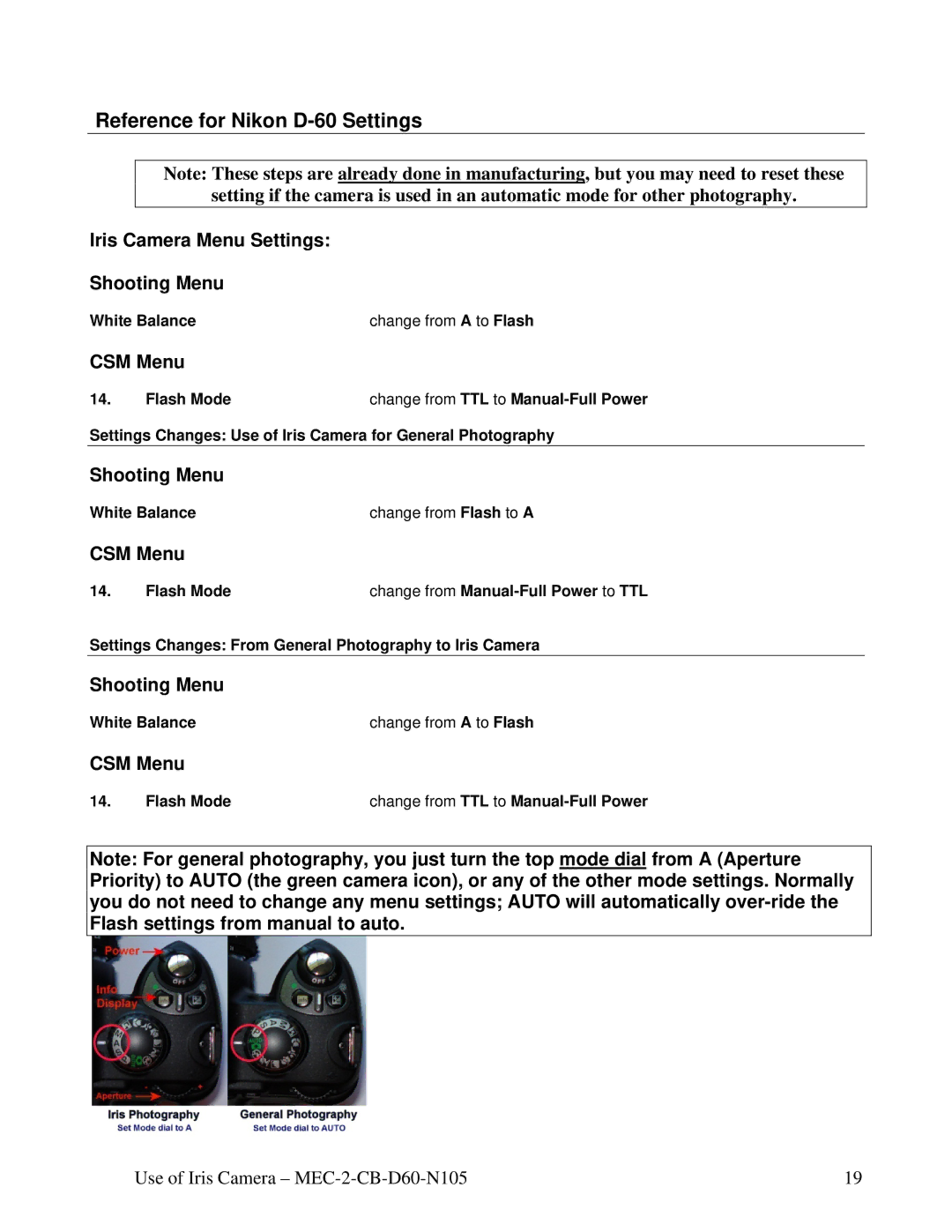 Nikon MEC-2-CB-D60-N105 manual Iris Camera Menu Settings Shooting Menu, CSM Menu 