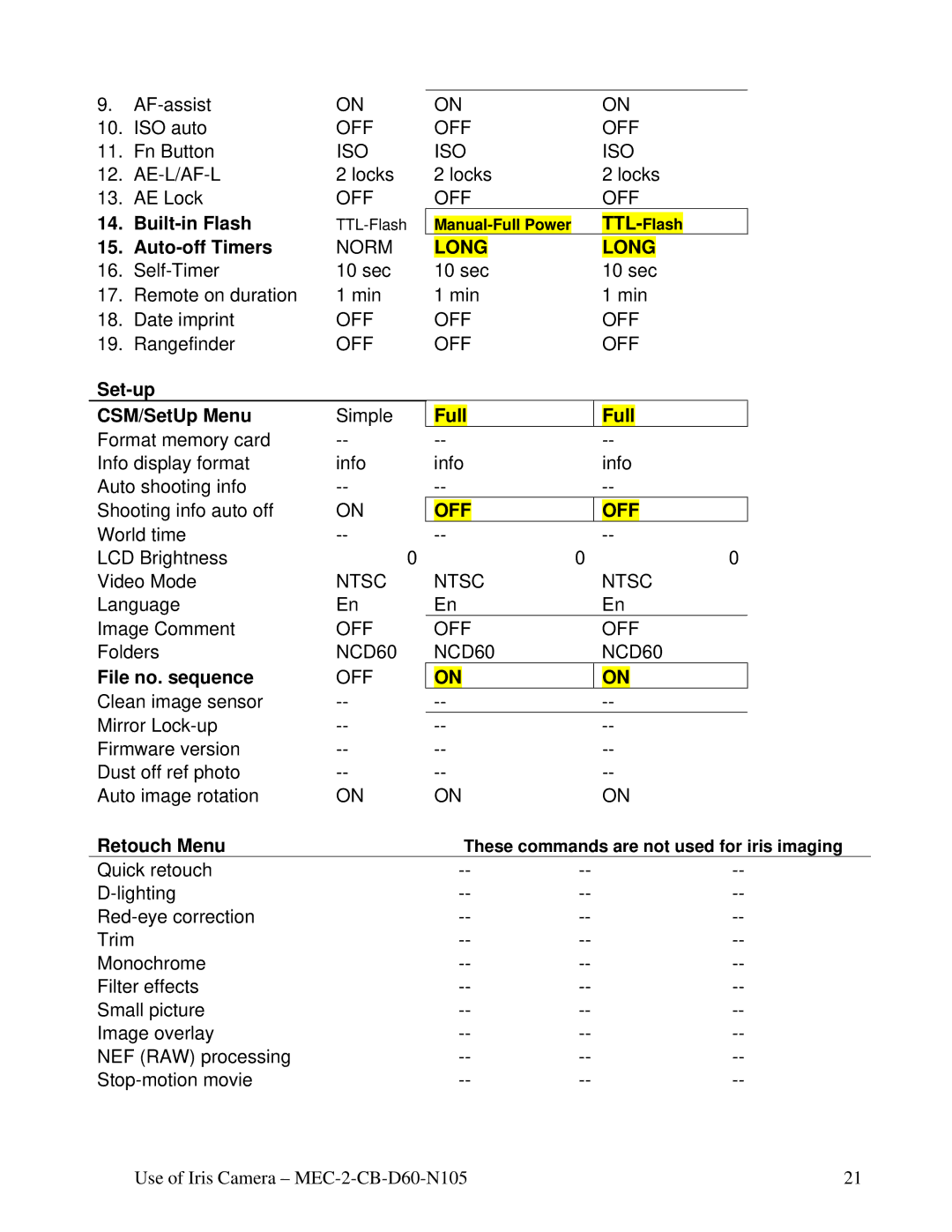 Nikon MEC-2-CB-D60-N105 Built-in Flash, Auto-off Timers, Set-up, CSM/SetUp Menu Full, File no. sequence, Retouch Menu 