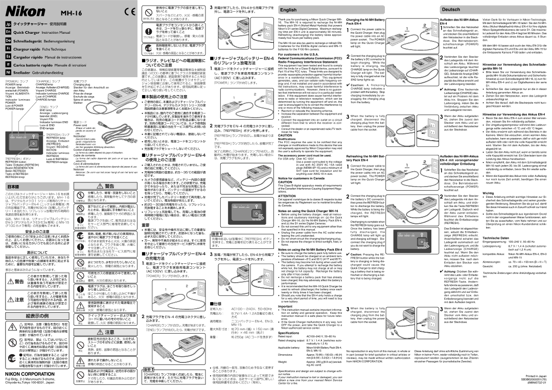 Nikon MH-16 specifications For customers in the U.S.A, Aufladen des Ni-MH-Akkus, Pack EN-4, Wichtig, Technische Daten 