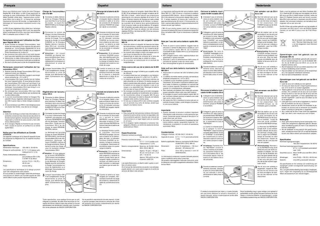 Nikon MH-16 Remarques concernant l’utilisation de l’ac- cumulateur EN-4, Charge de l’accumulateur EN-4 Ni-MH, Importante 