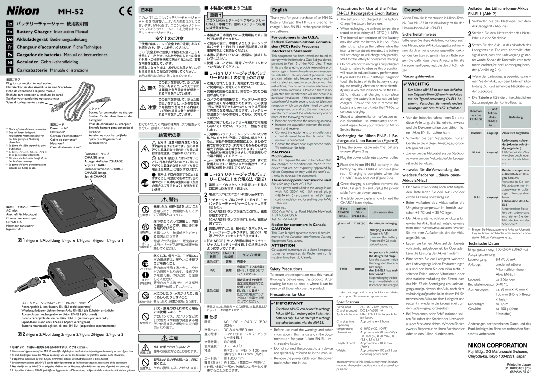 Nikon MH-52 specifications Sicherheitshinweise, Nutzungshinweise, 図１/ /Abbildung 1/ /Figura 1/Figuur 1/Figura 