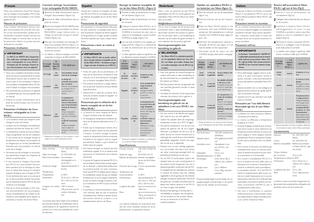 Nikon MH-52 Mesures de précaution, Précautions d’utilisation, Precauciones de seguridad, Veiligheidsvoorschriften, Nikon 