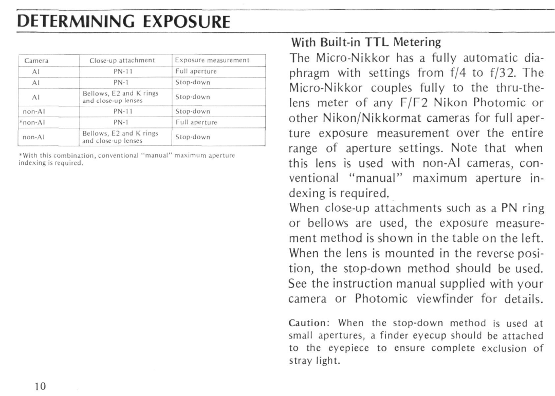 Nikon Micro-Nikkor 105mm f/4 instruction manual Determining Exposure 