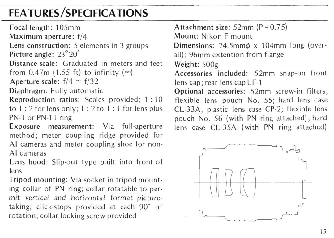 Nikon Micro-Nikkor 105mm f/4 instruction manual Features/Specifications 