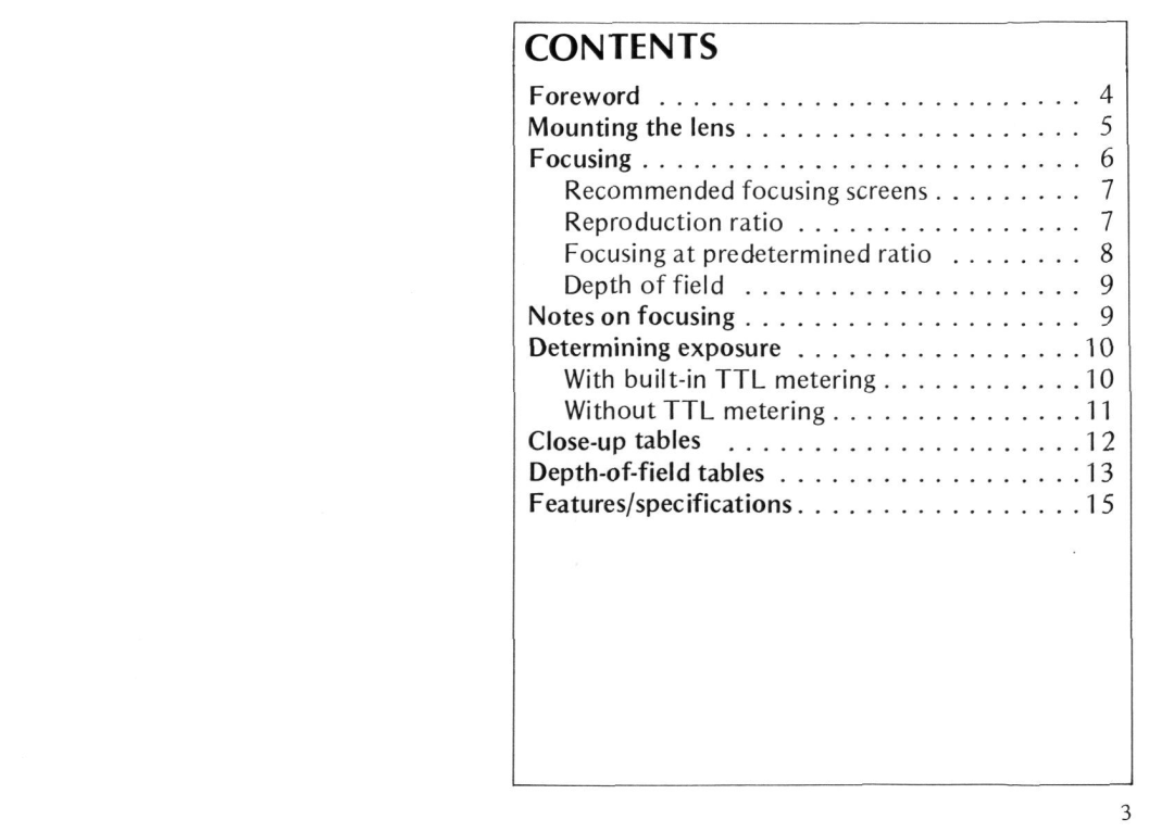 Nikon Micro-Nikkor 105mm f/4 instruction manual Contents 