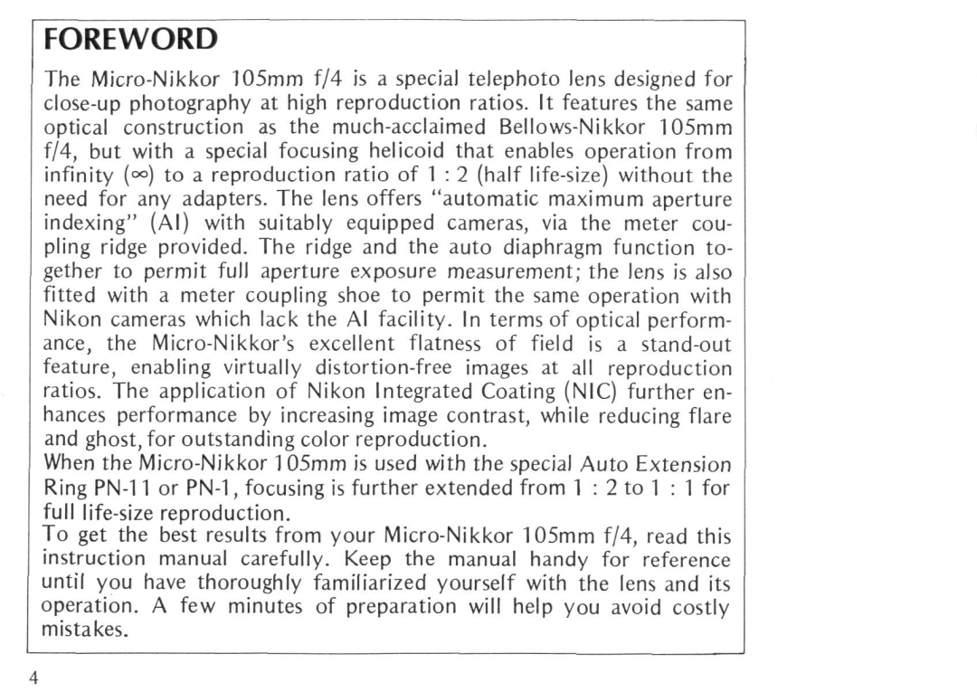 Nikon Micro-Nikkor 105mm f/4 instruction manual Foreword 