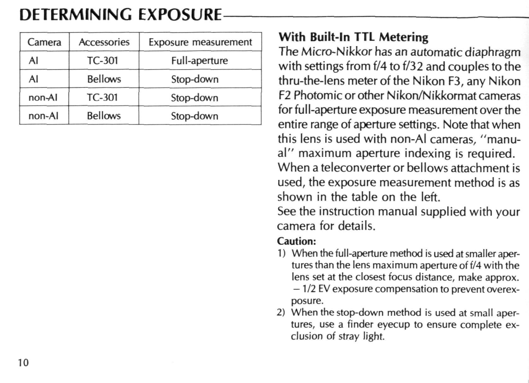 Nikon Micro-Nikkor 200mm f/4 IF instruction manual Determining Exposure, With Built-in TTL Metering 