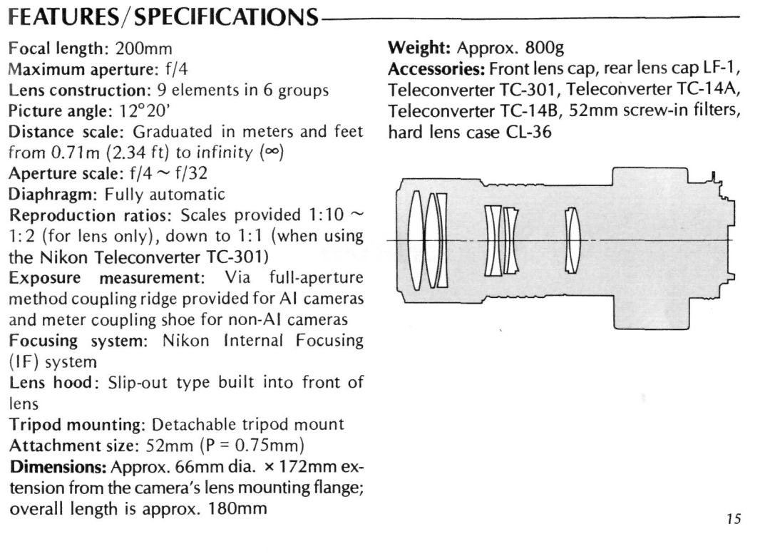 Nikon Micro-Nikkor 200mm f/4 IF instruction manual Features/Specifications 