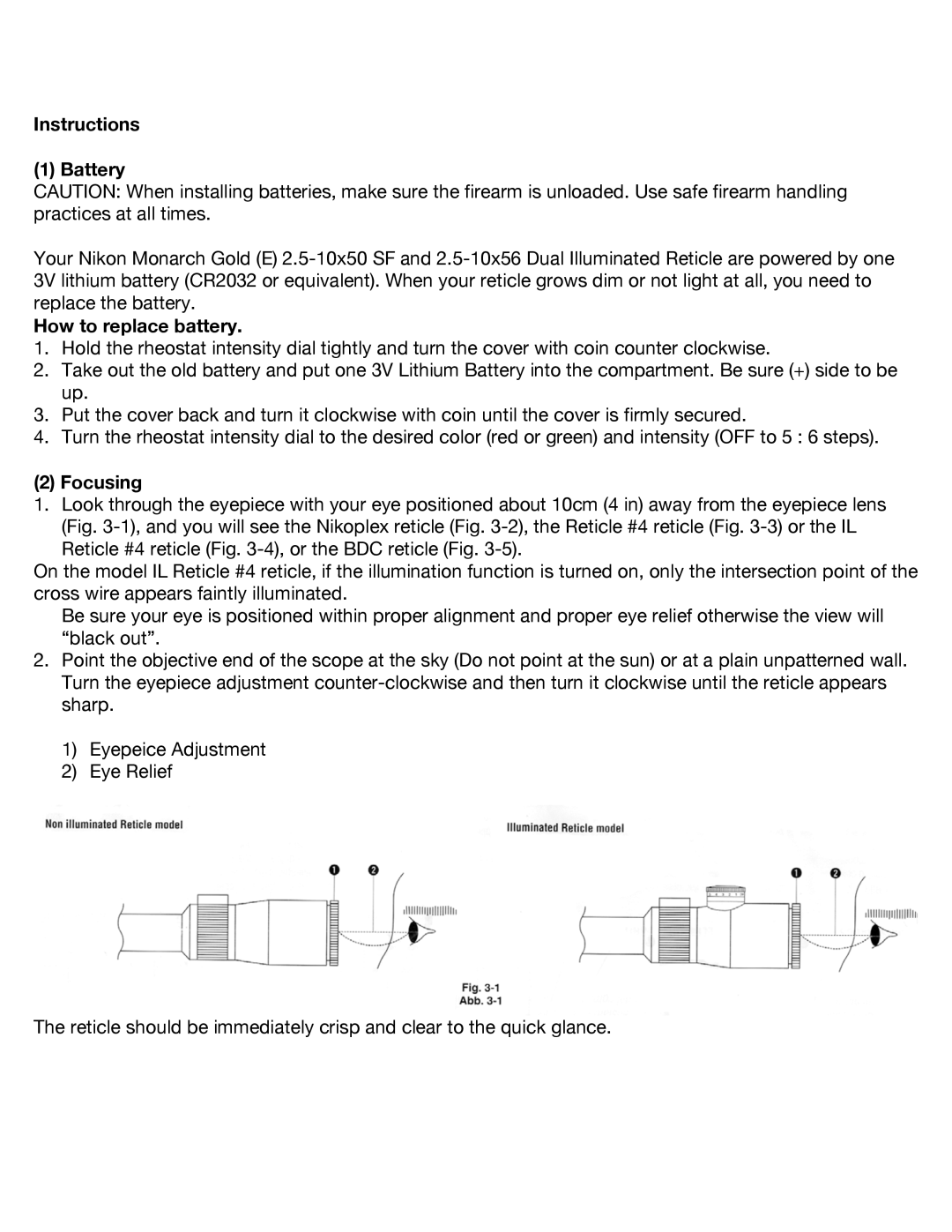 Nikon Monarch Gold (E) instruction manual Instructions Battery, How to replace battery, Focusing 