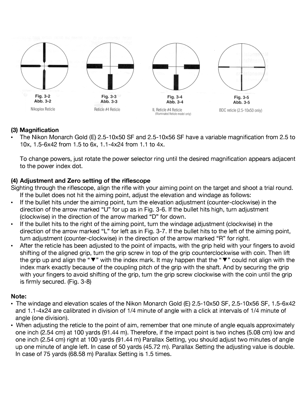 Nikon Monarch Gold (E) instruction manual Magnification, Adjustment and Zero setting of the riflescope 