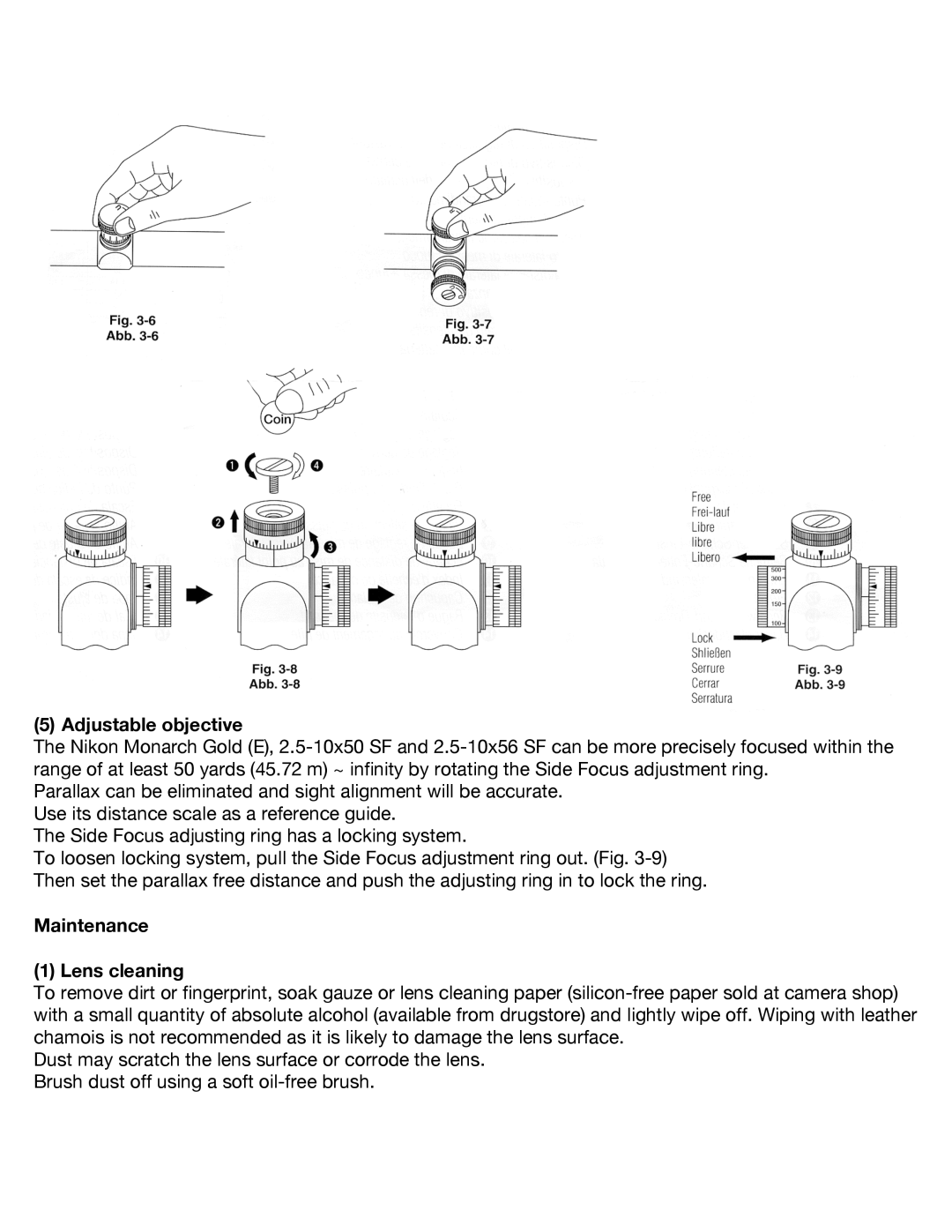 Nikon Monarch Gold (E) instruction manual Adjustable objective, Maintenance Lens cleaning 