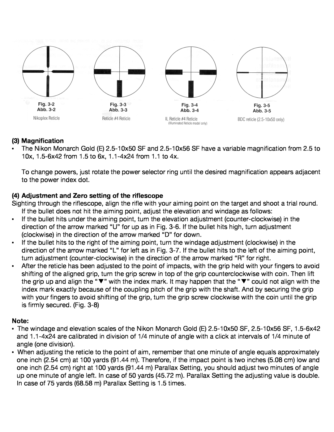 Nikon Monarch Gold (E) instruction manual Magnification, Adjustment and Zero setting of the riflescope 