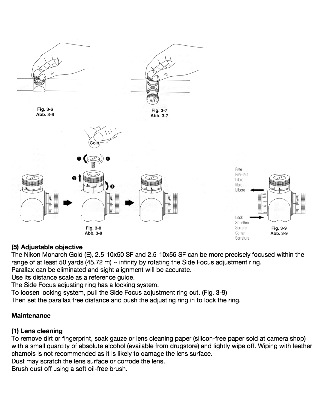 Nikon Monarch Gold (E) instruction manual Adjustable objective, Maintenance 1 Lens cleaning 