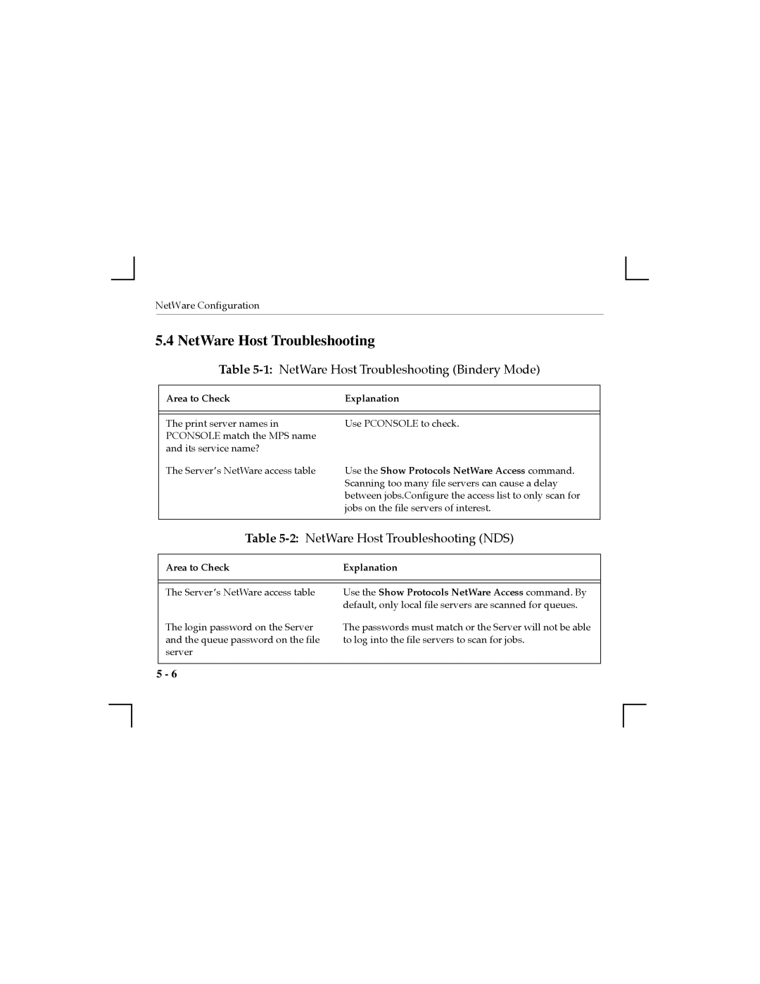 Nikon MPS100 1NetWare Host Troubleshooting Bindery Mode, 2NetWare Host Troubleshooting NDS, Area to Check Explanation 