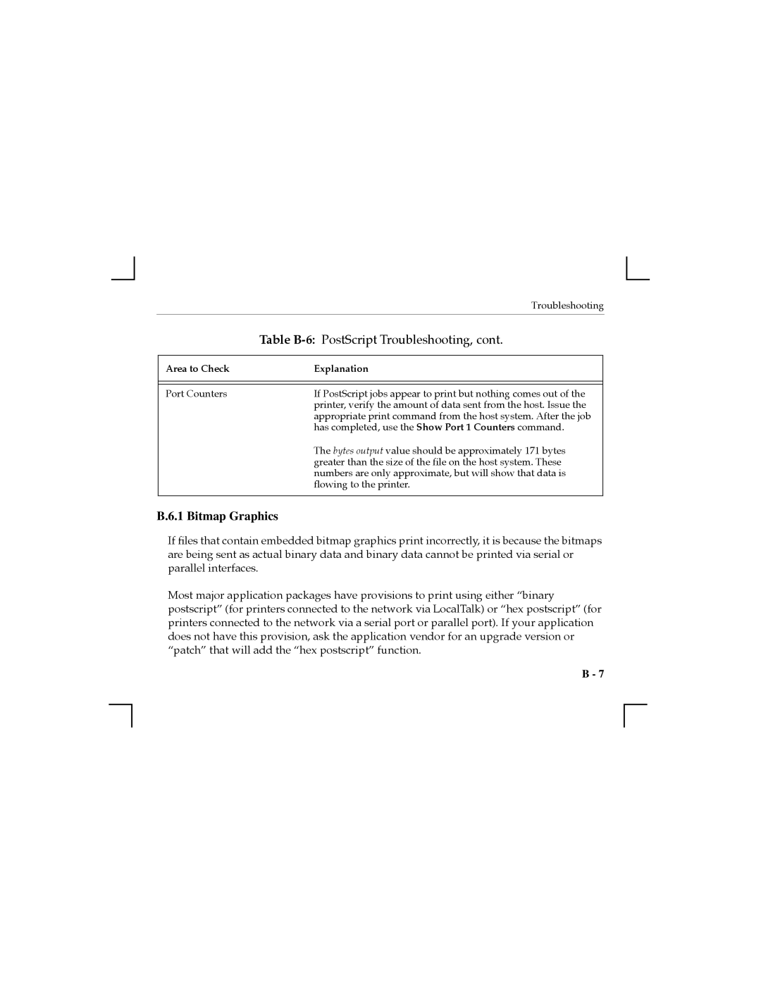 Nikon MPS1-2, MPS1-T, MPS100 manual Table B-6 PostScript Troubleshooting, Bitmap Graphics 