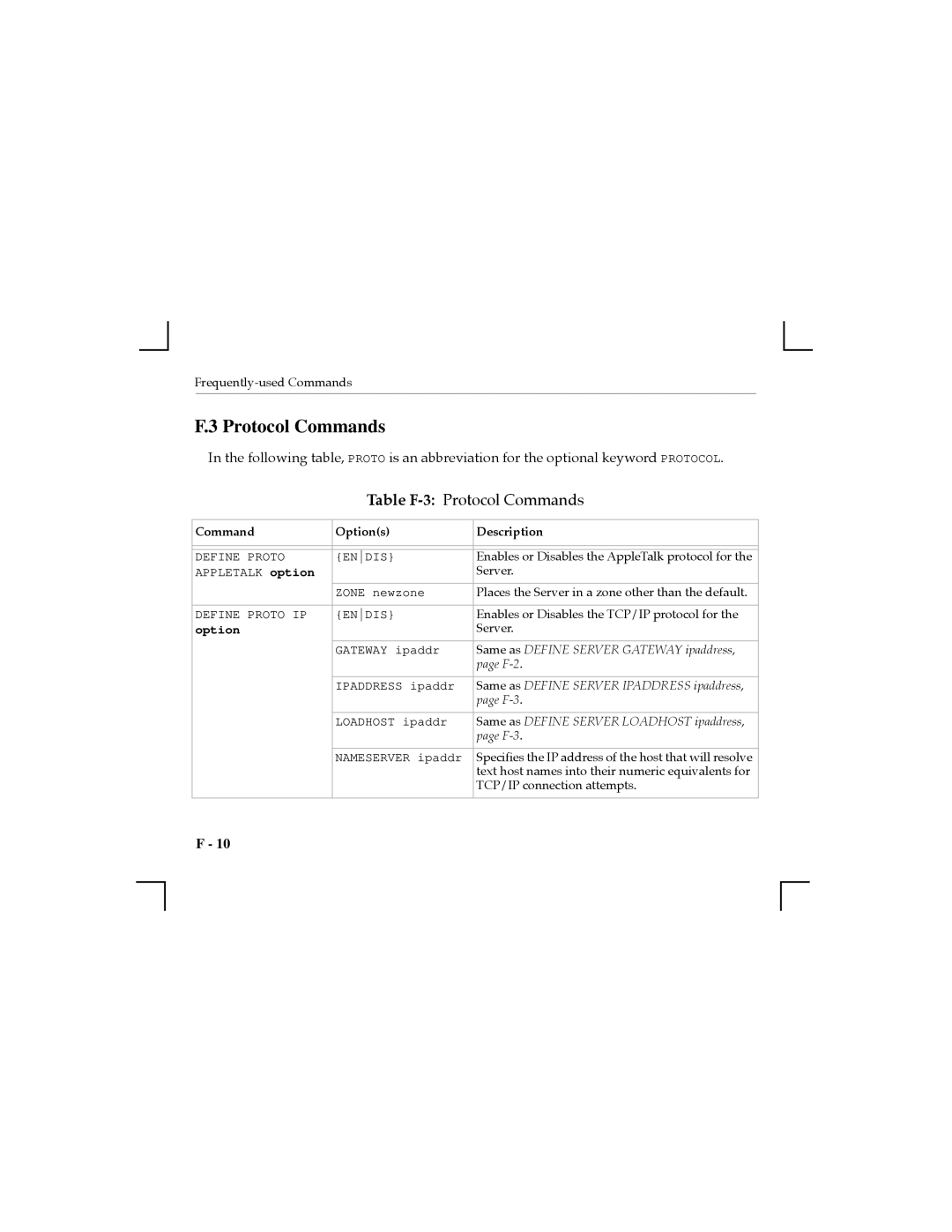 Nikon MPS100, MPS1-T, MPS1-2 manual Table F-3Protocol Commands 