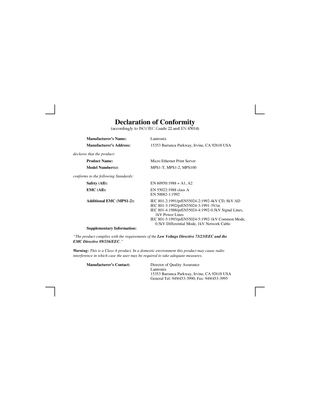 Nikon MPS1-T, MPS1-2, MPS100 manual Declaration of Conformity 