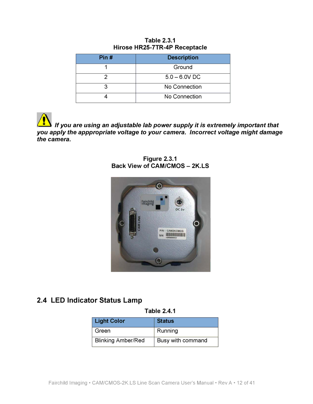 Nikon MRDI user manual LED Indicator Status Lamp, Hirose HR25-7TR-4P Receptacle, Back View of CAM/CMOS 2K.LS 