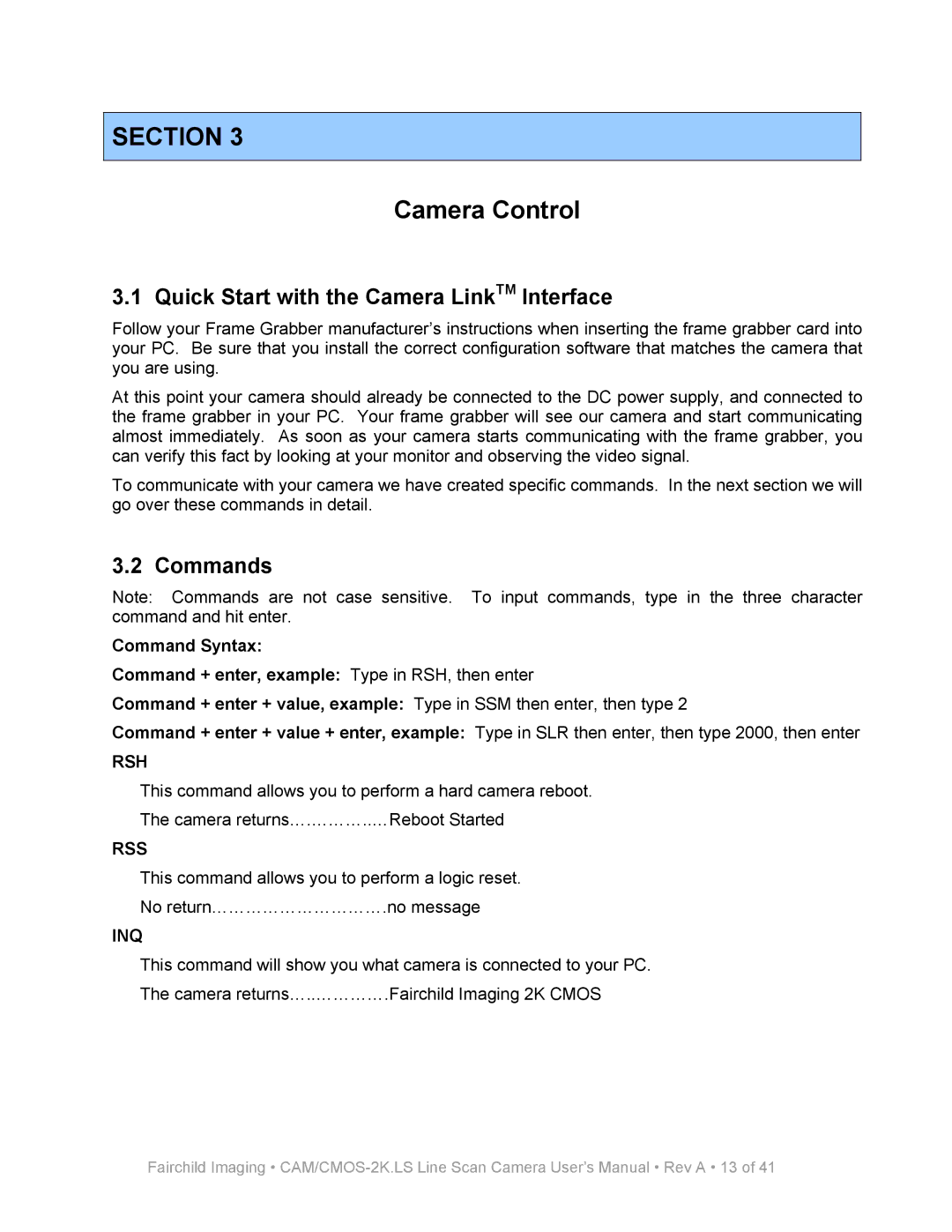 Nikon MRDI user manual Camera Control, Quick Start with the Camera LinkTM Interface, Commands 