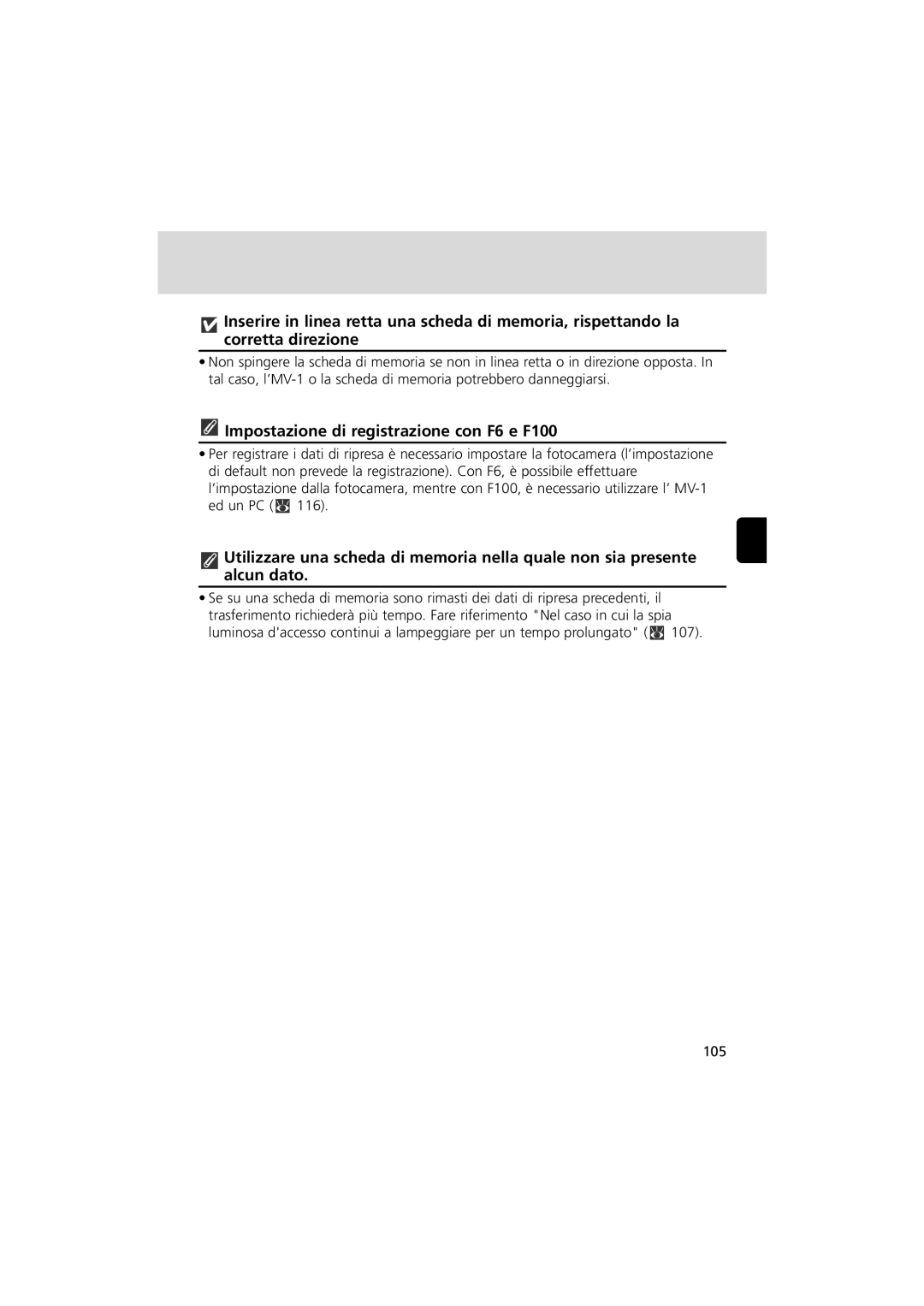 Nikon MV-1 instruction manual Impostazione di registrazione con F6 e F100 