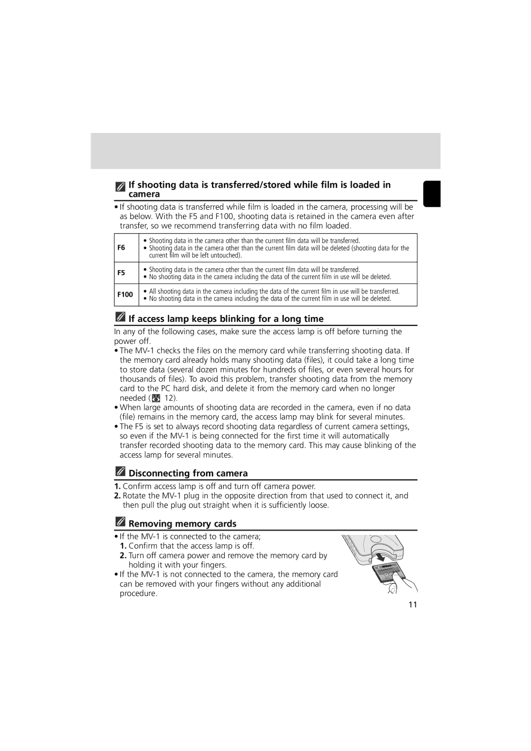 Nikon MV-1 If access lamp keeps blinking for a long time, Disconnecting from camera, Removing memory cards 