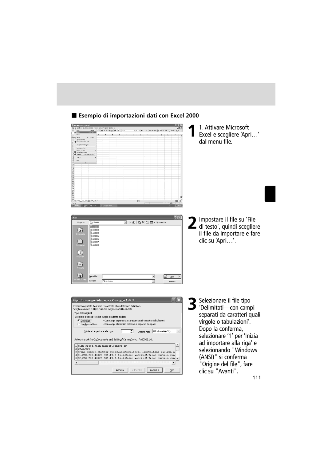 Nikon MV-1 Attivare Microsoft Excel e scegliere ‘Apri…’ dal menu file, Esempio di importazioni dati con Excel 