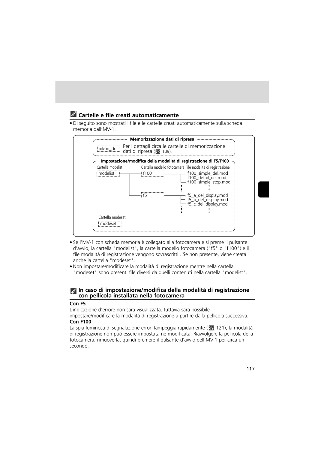 Nikon MV-1 instruction manual Cartelle e file creati automaticamente, Dati di ripresa x, Con F5, Con F100 