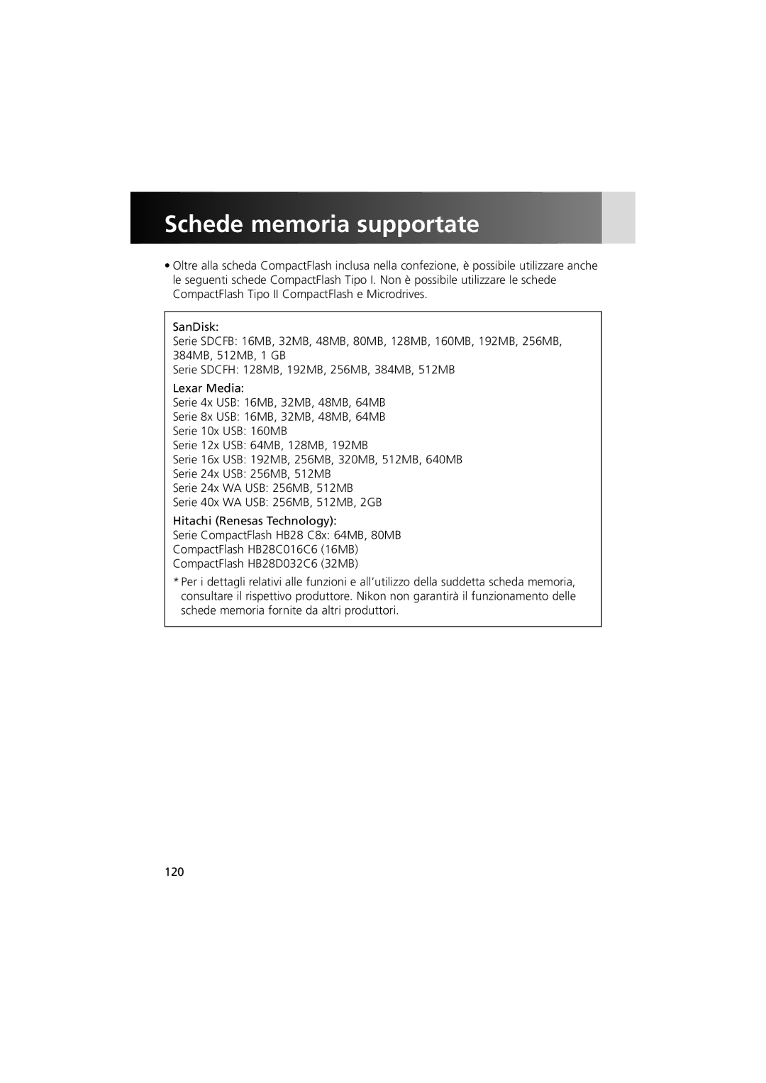 Nikon MV-1 instruction manual Schede memoria supportate 