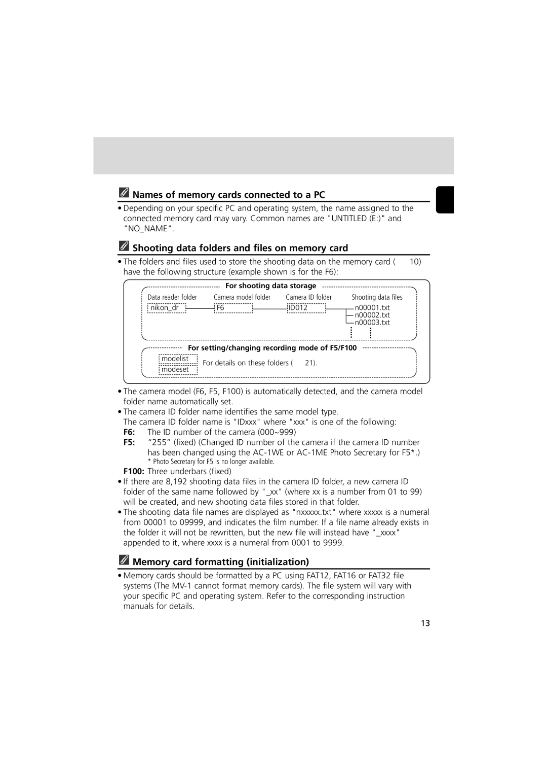 Nikon MV-1 instruction manual Names of memory cards connected to a PC, Shooting data folders and files on memory card 
