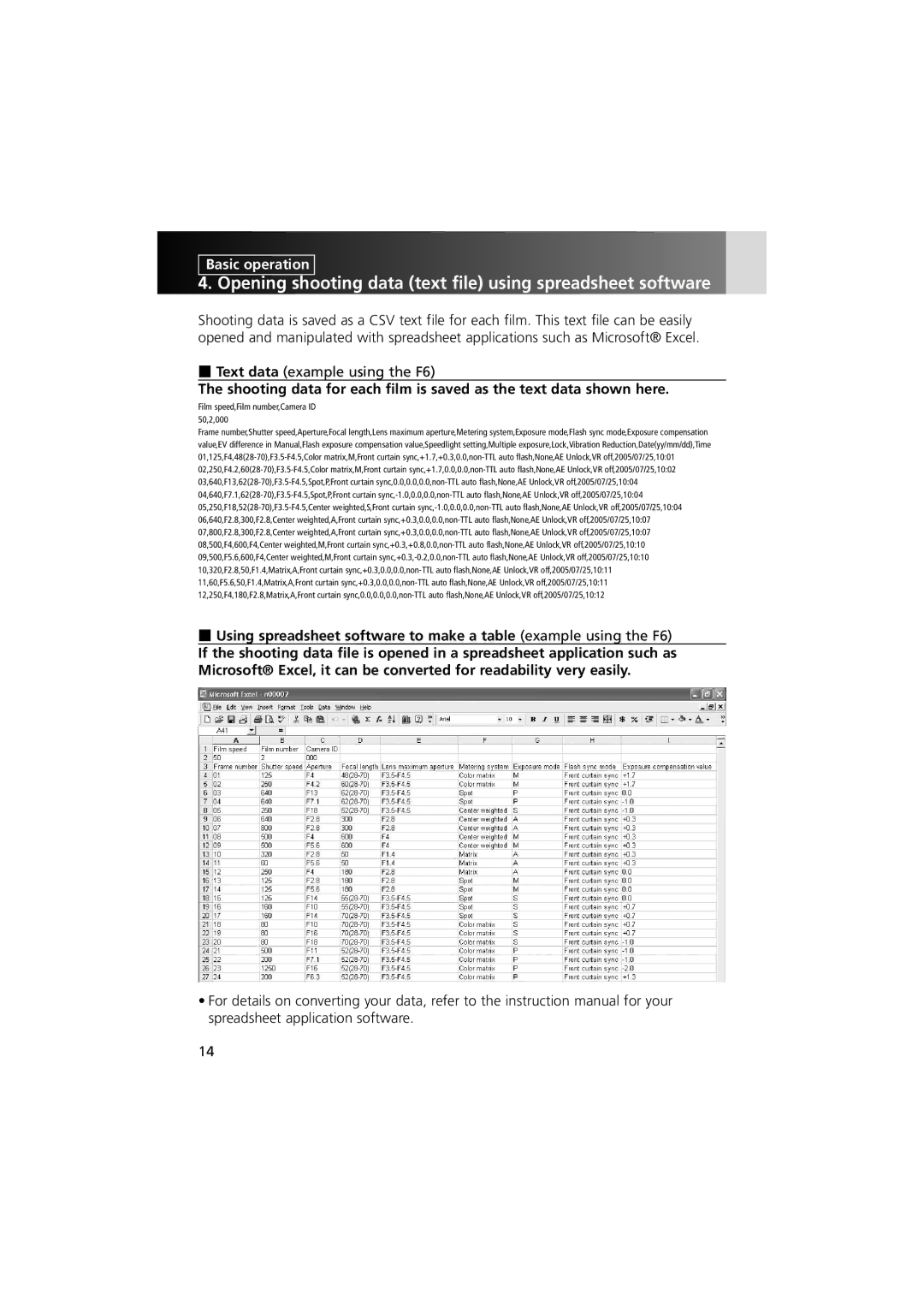 Nikon MV-1 instruction manual Opening shooting data text file using spreadsheet software, Text data example using the F6 